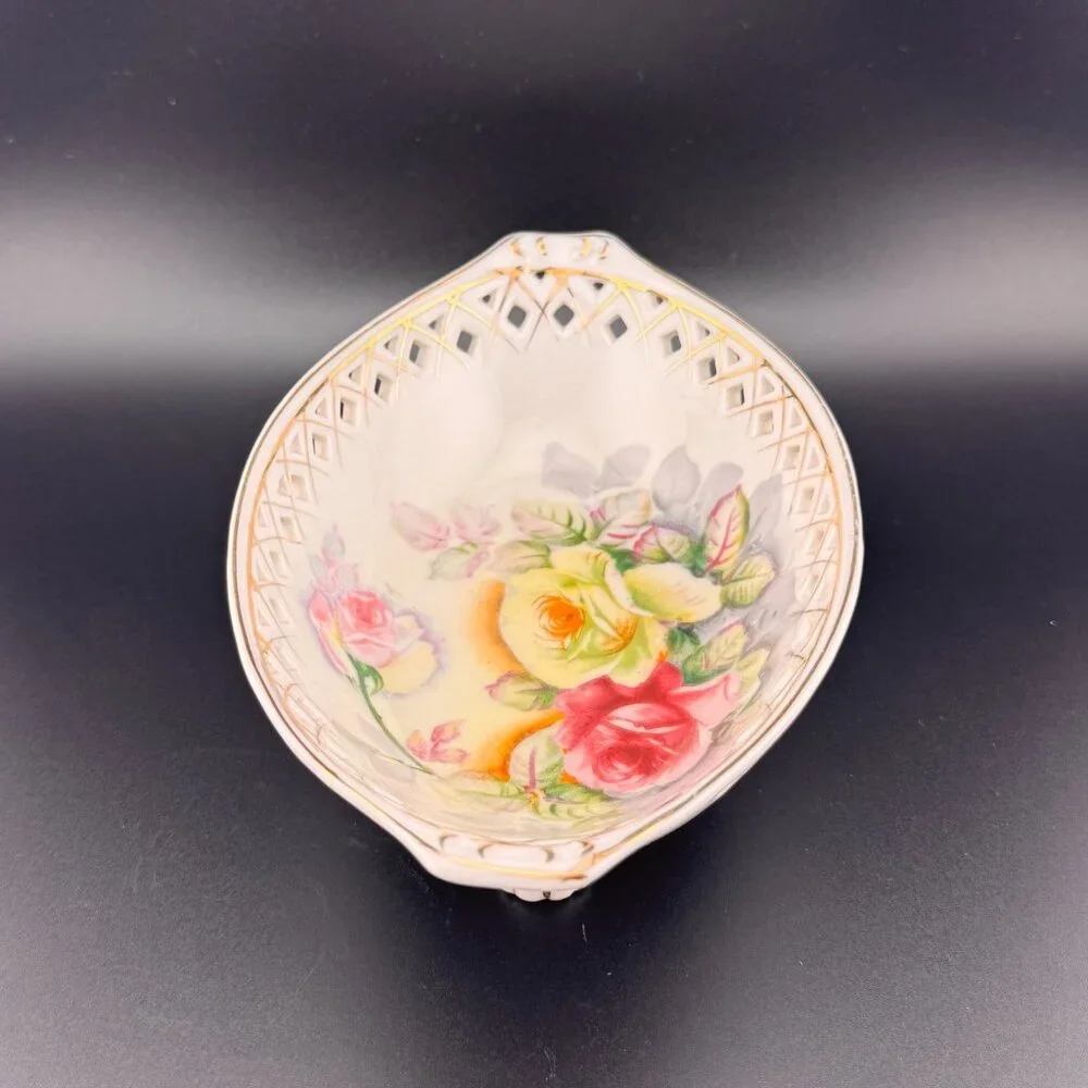 Vintage Kalk Pierced Footed Oval Bowl Porcelain Crossed Arrows Mark Roses German
